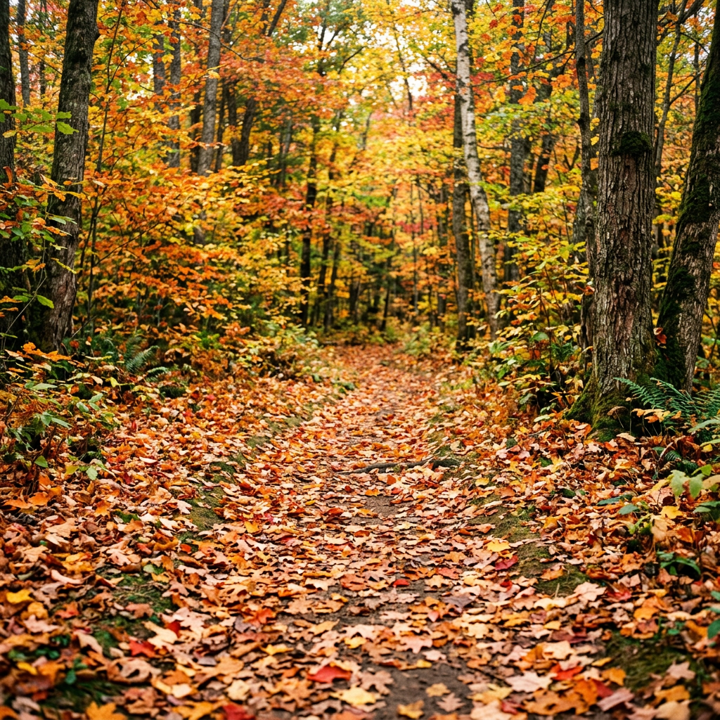 Leaf-covered trail winding through a colorful autumn forest